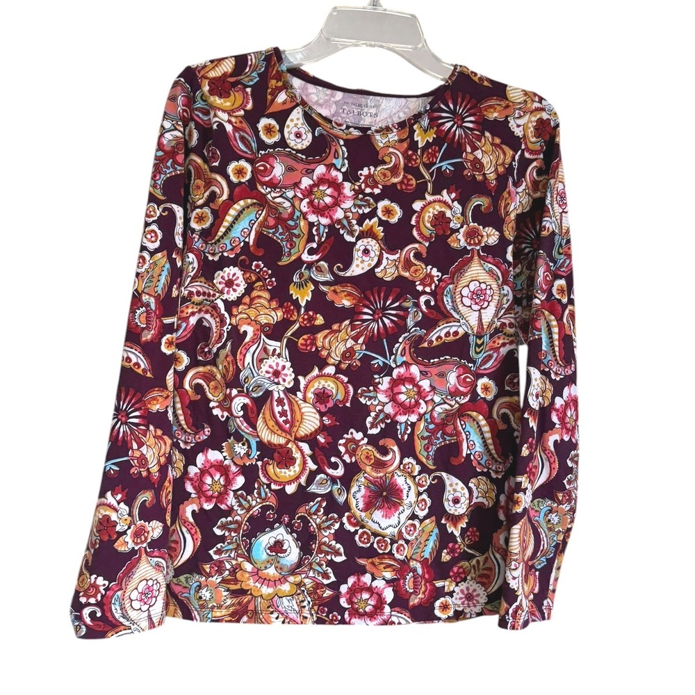 Talbots‎ Womens Large Burgundy Paisley Floral Long Sleeve Cotton Spandex Tee Top